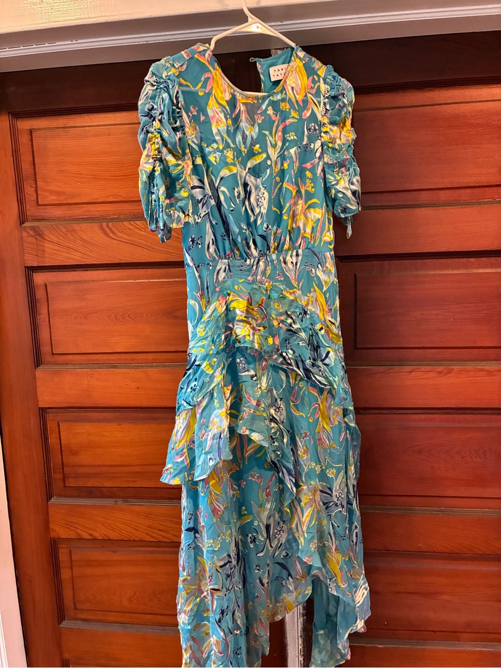 Tanya Taylor Teal Floral Ruffle High-Low Dress with Yellow Accents